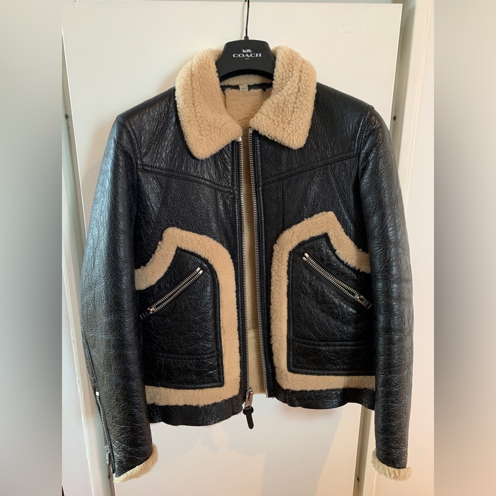 Mens COACH “Stinger” Aviator Moto-Style Zip Shearling Coat
